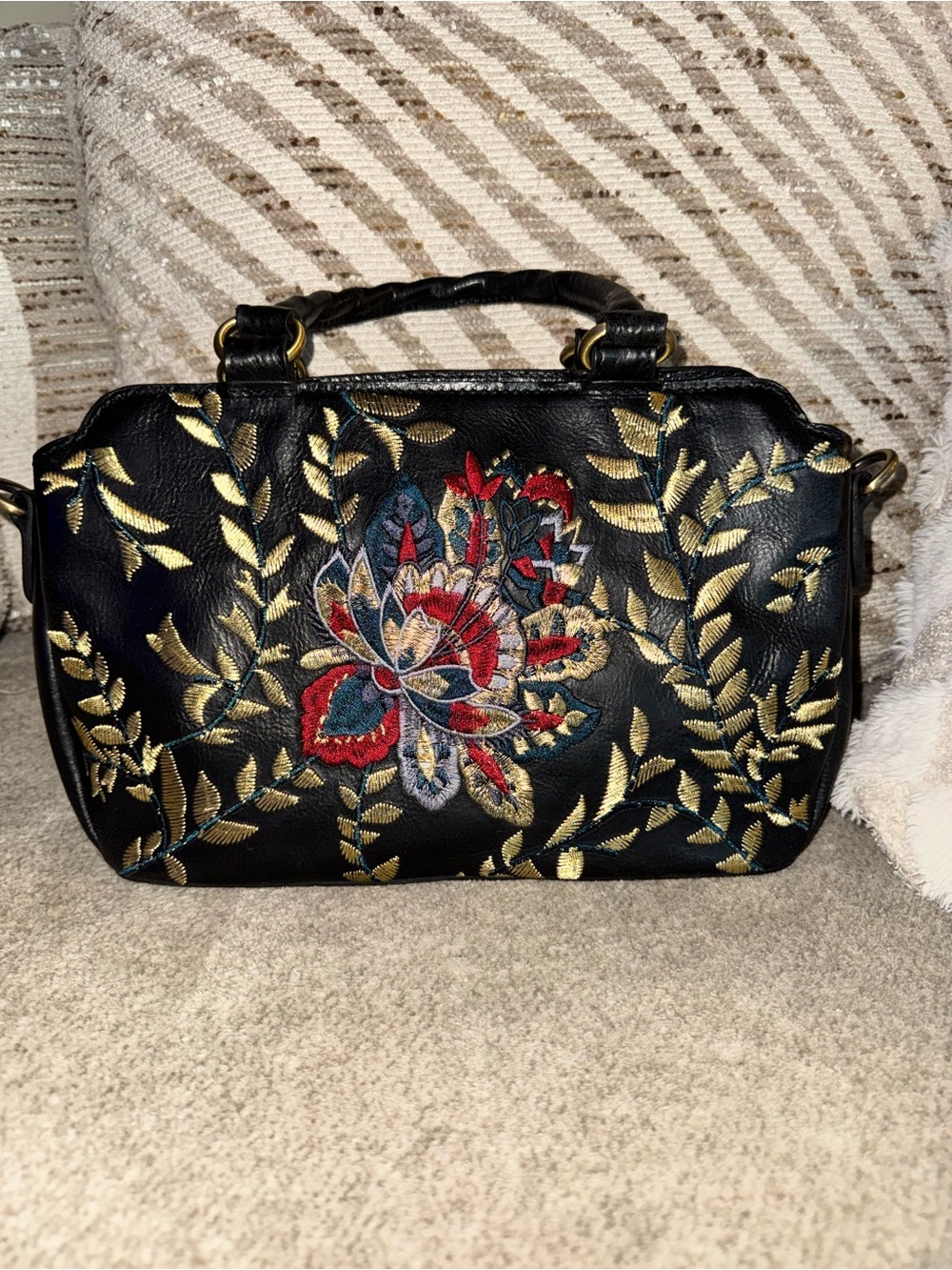 Patricia Nash Embroidered Floral Black Satchel Bag - Gold Leaf Accents